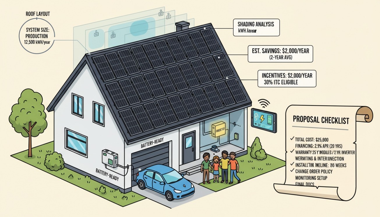 Residential solar proposal checklist showing roof layout, system size, production estimate, shading analysis, savings, incentives, warranty, financing, timeline, and final documents
